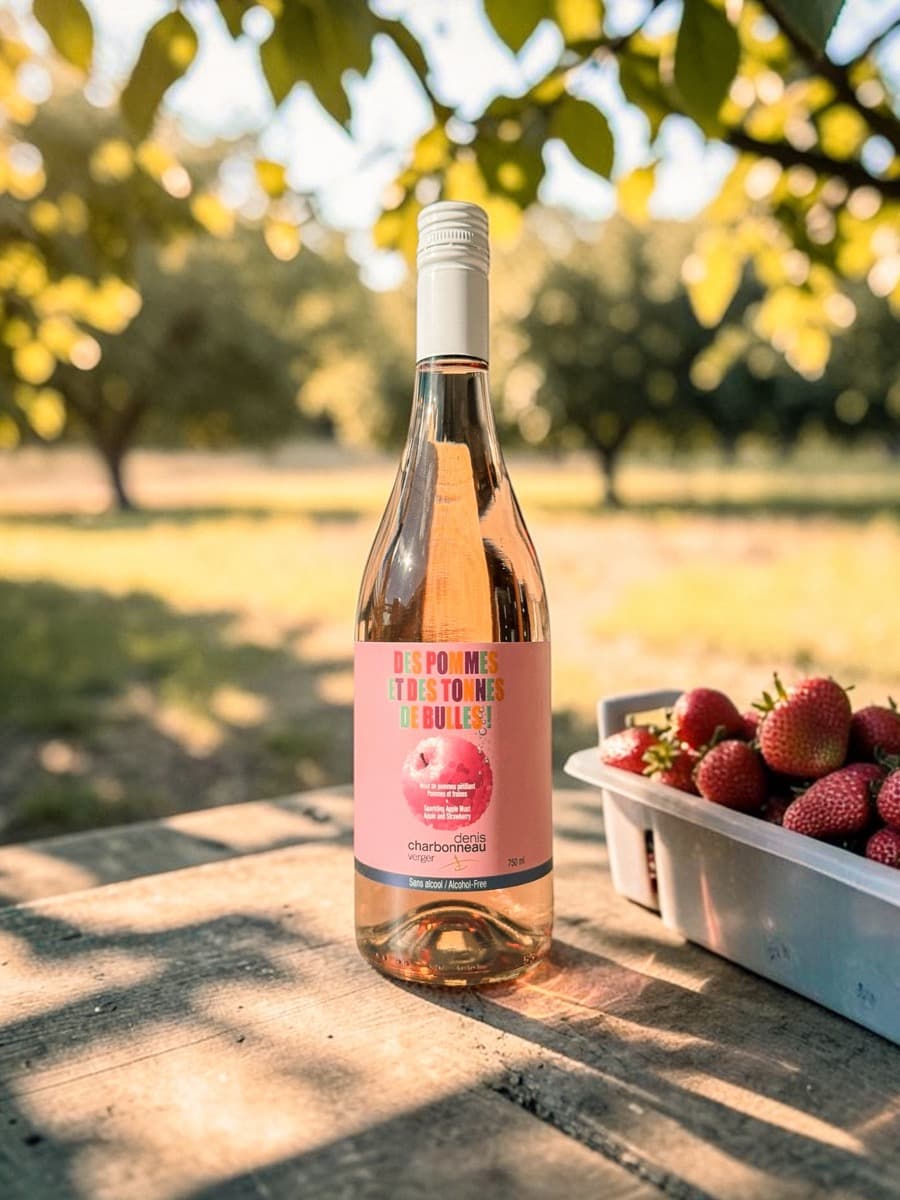 Bouteille du moût rosé pomme-fraise pétillant, sans alcool